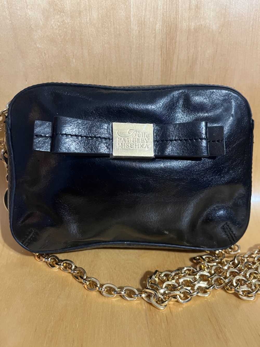 Badgley Mischka Belle Vintage Black Crossbody with Bow and Gold Chain